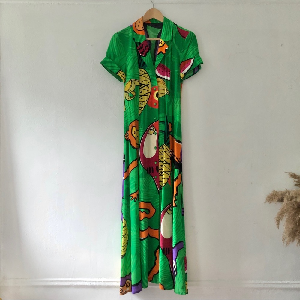 Vintage 80s Silk Tropical Printed Maxi Dress